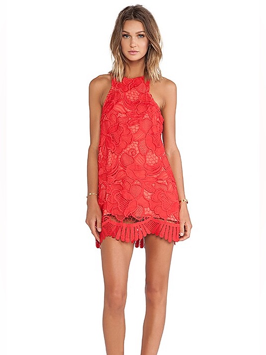 Bnwt Lovers + Friends Caspian Coral Red Lace Halter Mini Shift Dress Size Large